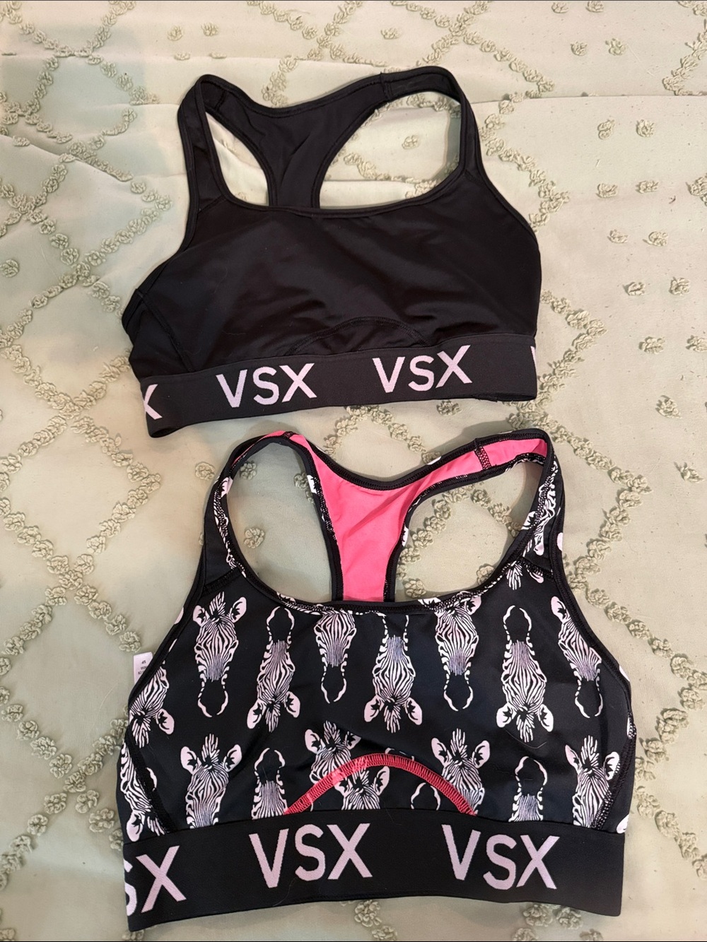 Victoria's Secret Black Sports Bras with Pink Logo and Zebra Accent